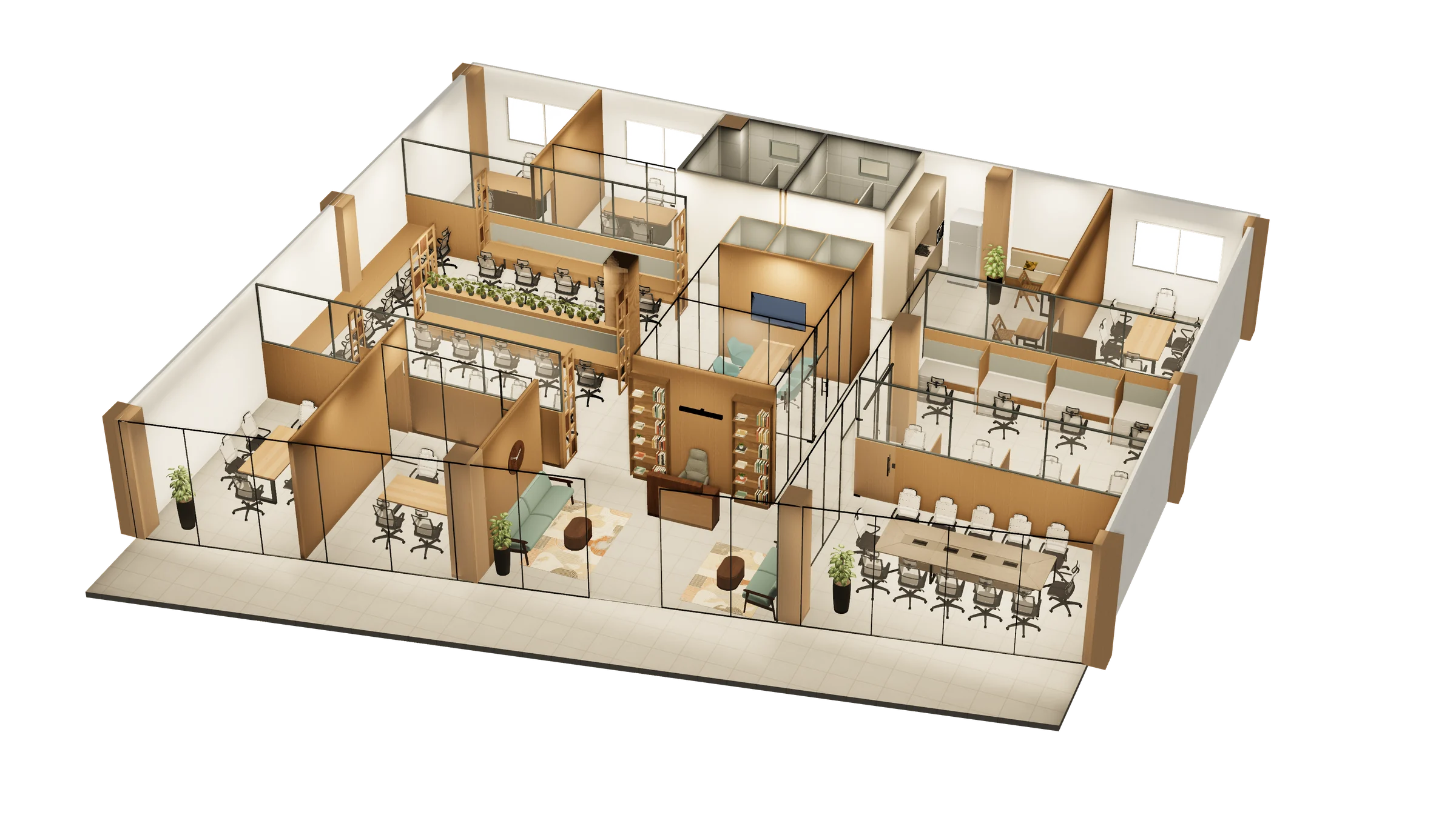 Isometric render of the whole Zest Cowork floor, lit